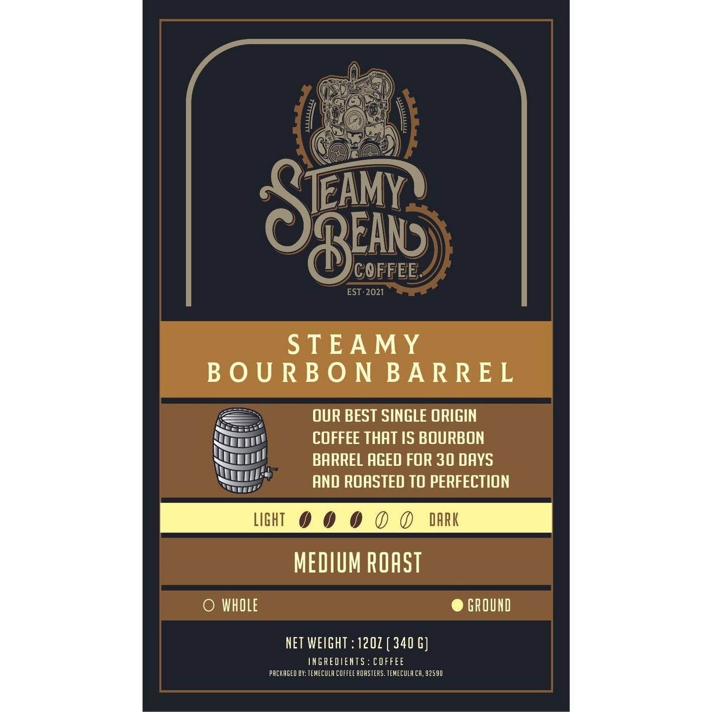 Steamy Bourbon Barrel label. 