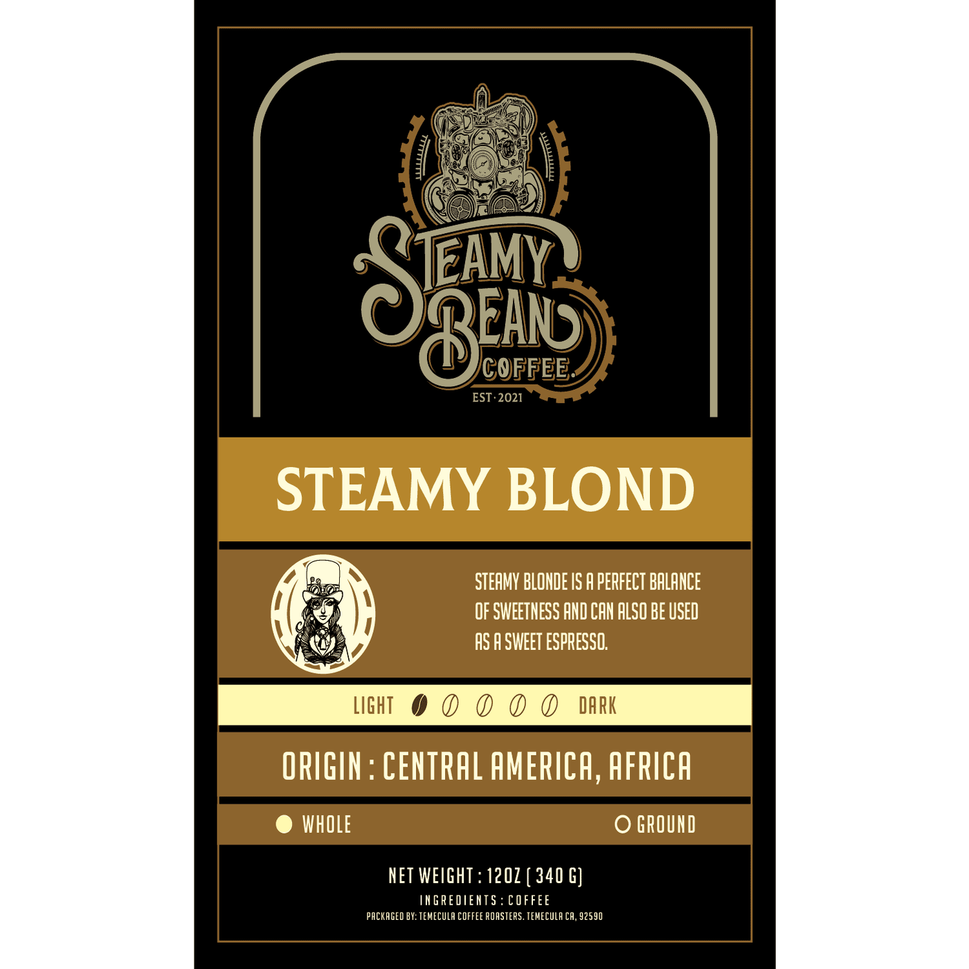 The label for steam blond roasted coffee beans that shows the roast, origins, and grind type