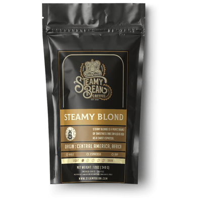 A bag of steamy blond roasted coffee beans